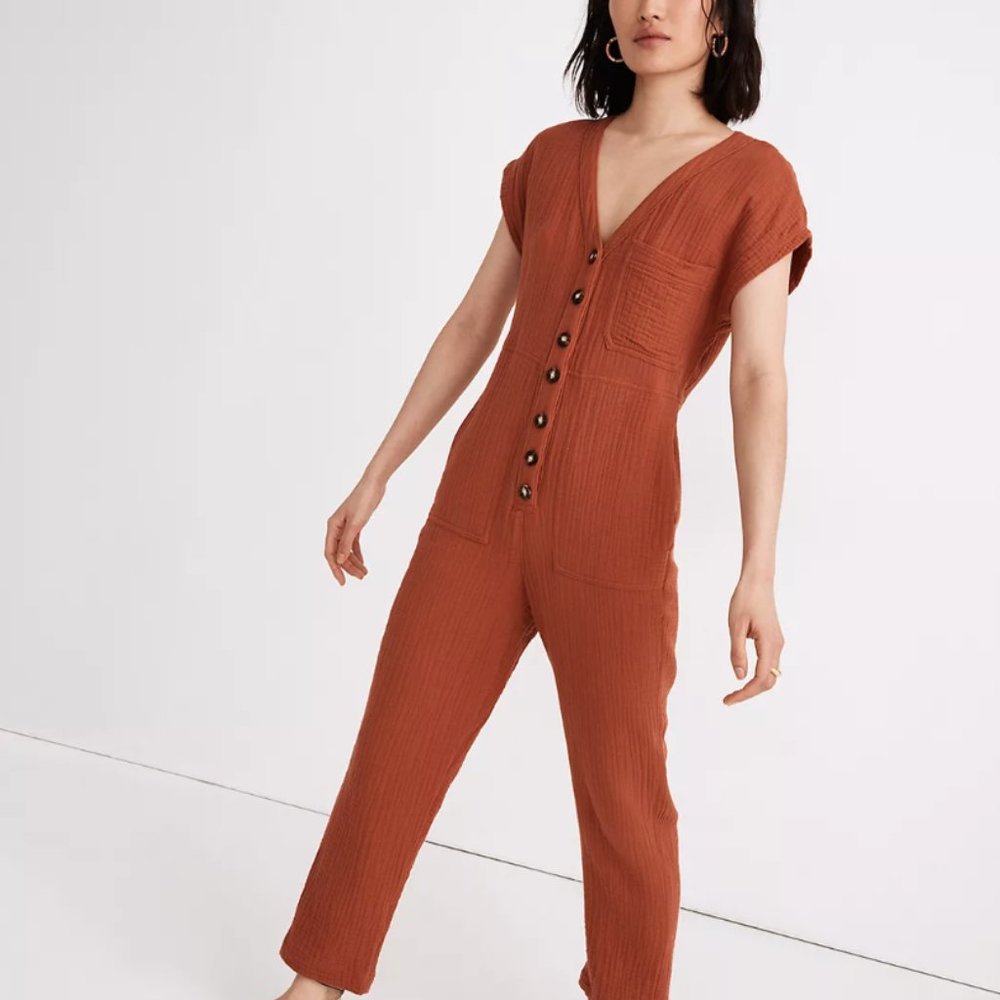 Madewell Lightspun Cap-Sleeve Jumpsuit in Afterglow Red (M)